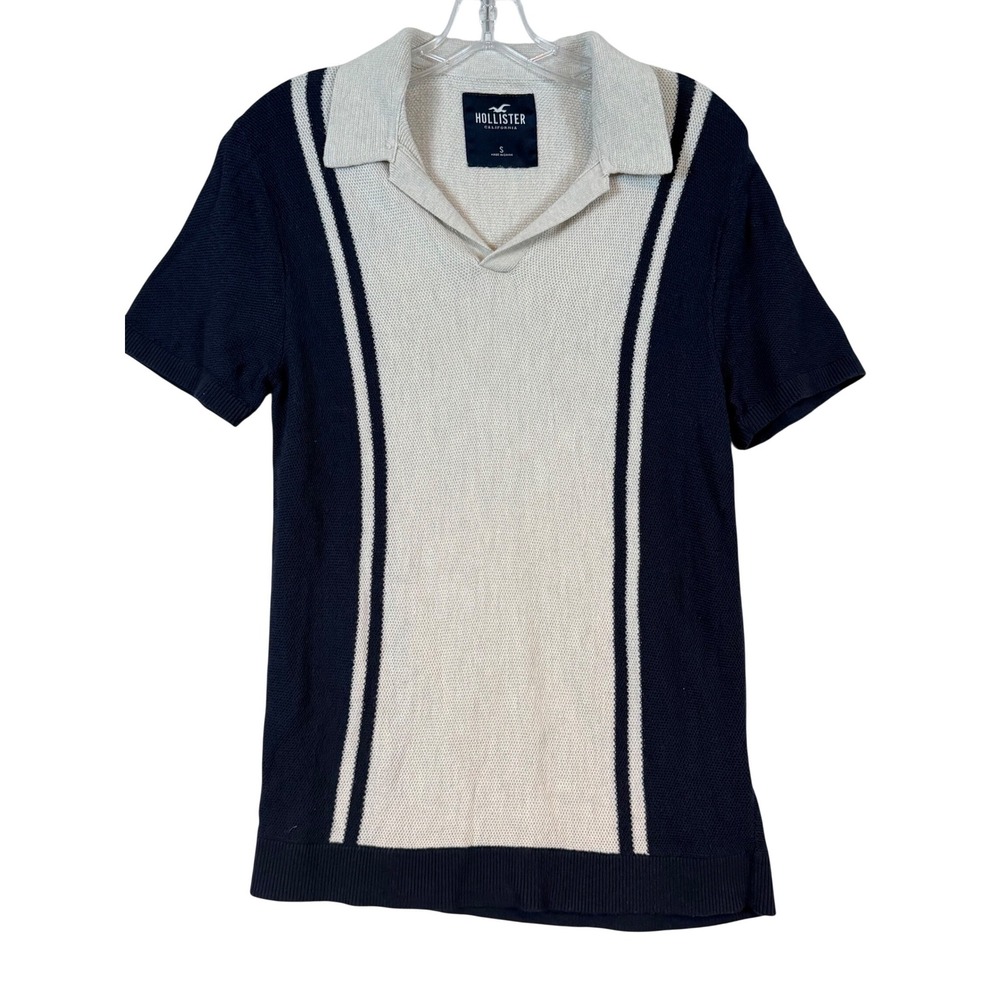 Hollister Mens Retro Knit Polo Shirt Navy Cream Stripe Open‎ Collar •S• Preppy